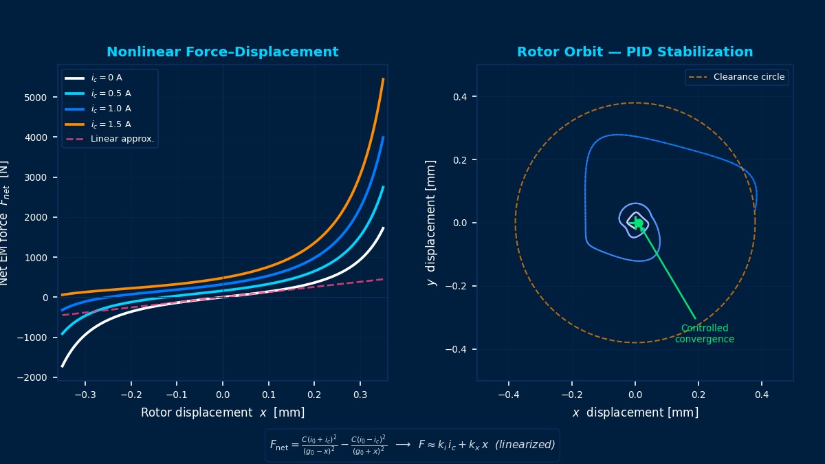 Active magnetic bearing nonlinear force-displacement curves for varying control currents and rotor orbit convergence under PID stabilization