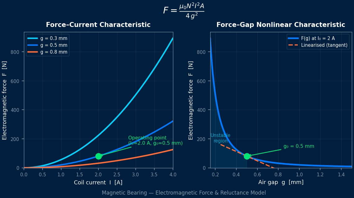 Magnetic bearing electromagnetic force vs air gap and current characteristic curves with nonlinear reluctance model