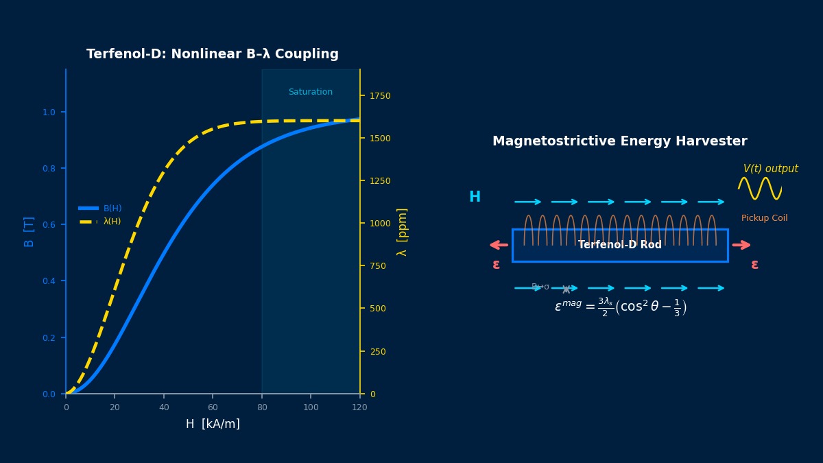 Terfenol-D nonlinear B-lambda magnetostrictive coupling curve and energy harvester schematic
