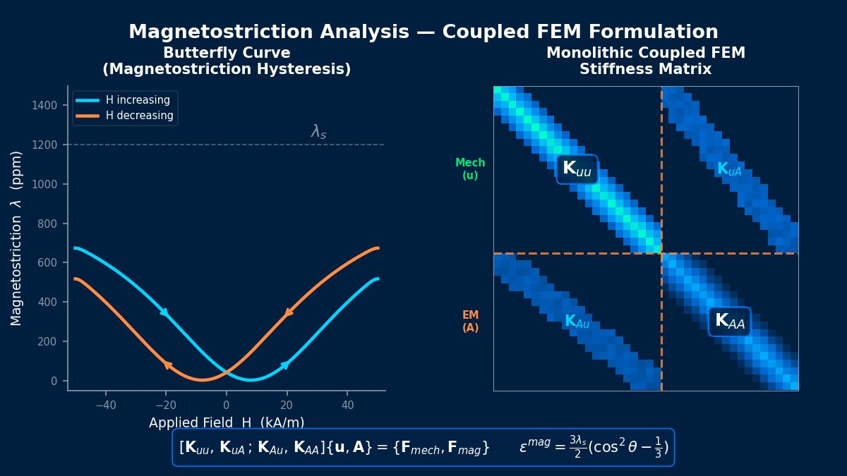 磁致伸缩蝴蝶滞回曲线与整体耦合有限元刚度矩阵可视化
