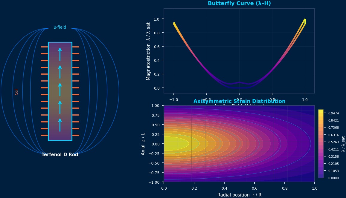 Magnetostrictive actuator CAE simulation showing Terfenol-D rod with coil windings, butterfly magnetostriction curve, and axisymmetric strain contour
