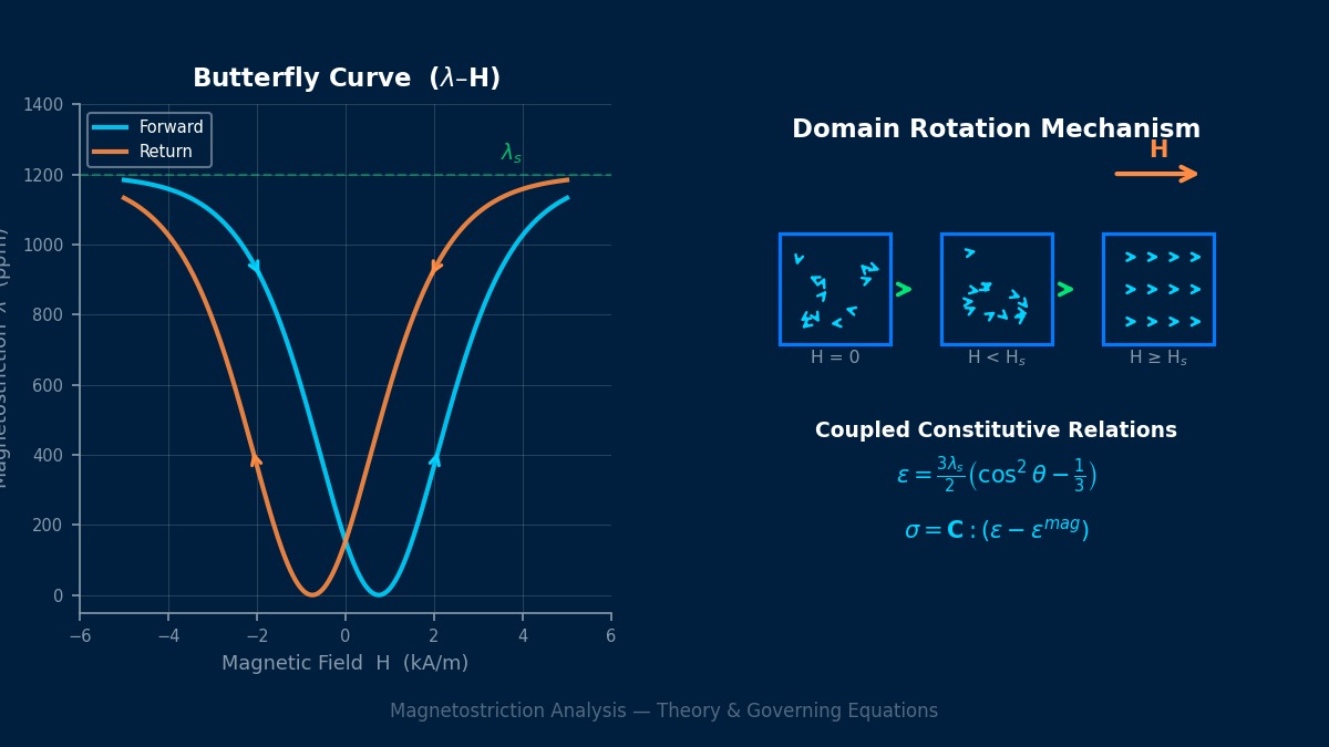 Magnetostriction butterfly curve showing lambda-H hysteresis and domain rotation mechanism from random orientation to saturation alignment