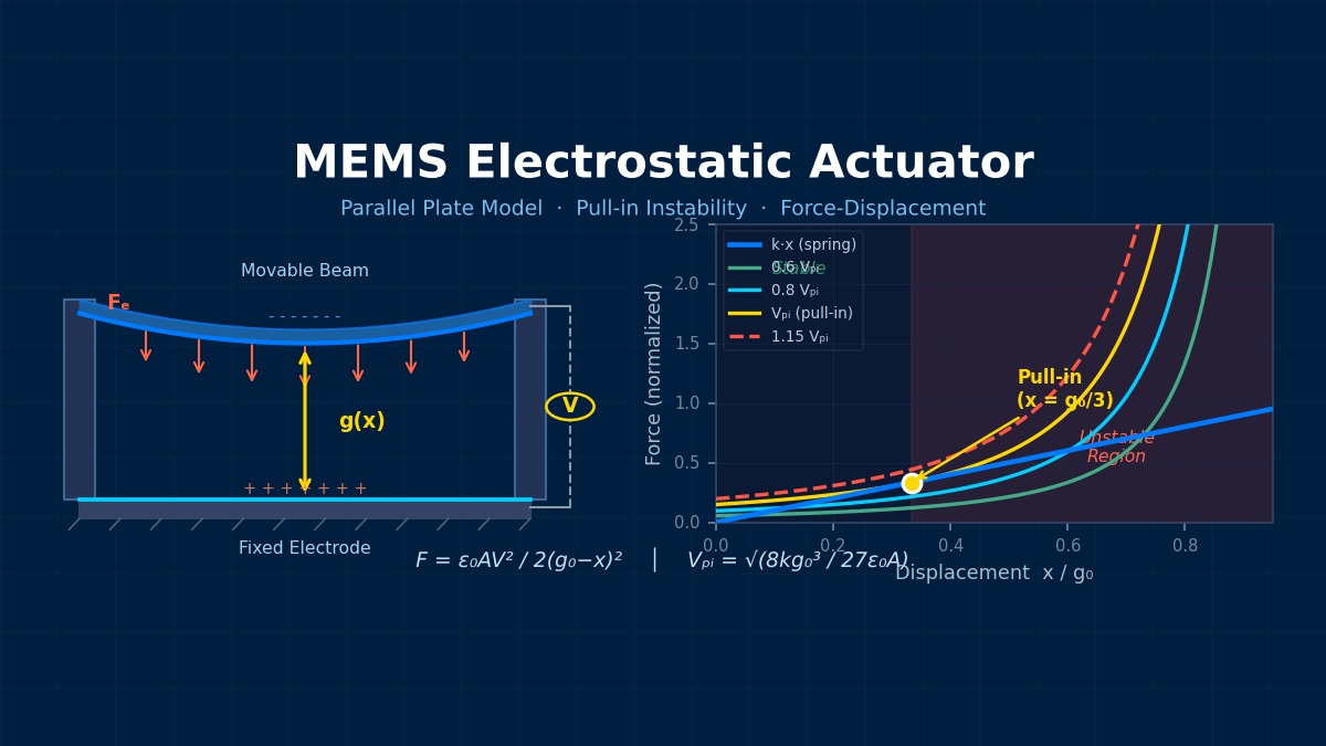 MEMS静电执行器平行板模型及Pull-in不稳定性力-位移曲线