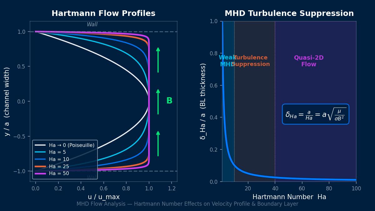 不同哈特曼数下的哈特曼流速度剖面，展示MHD湍流抑制和边界层变薄效应