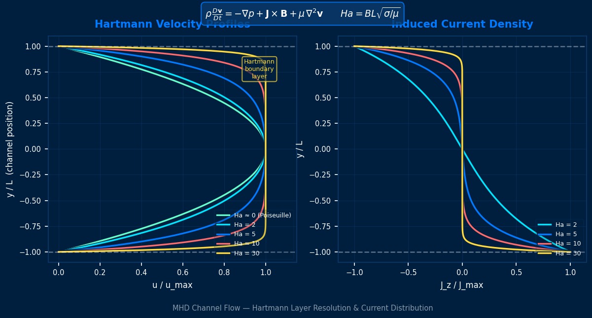 Hartmann velocity profiles and induced current density for MHD channel flow showing boundary layer flattening at increasing Hartmann numbers