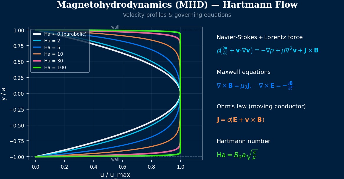 Hartmann velocity profiles at various Hartmann numbers showing MHD channel flow transitioning from parabolic to plug flow, with Navier-Stokes-Lorentz and Maxwell governing equations