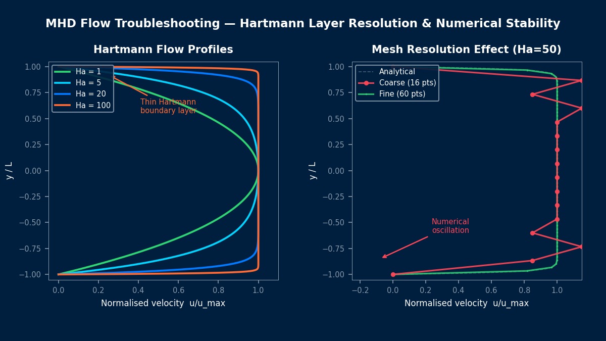 MHD Hartmann flow velocity profiles at various Hartmann numbers and numerical oscillation from insufficient mesh resolution in boundary layer