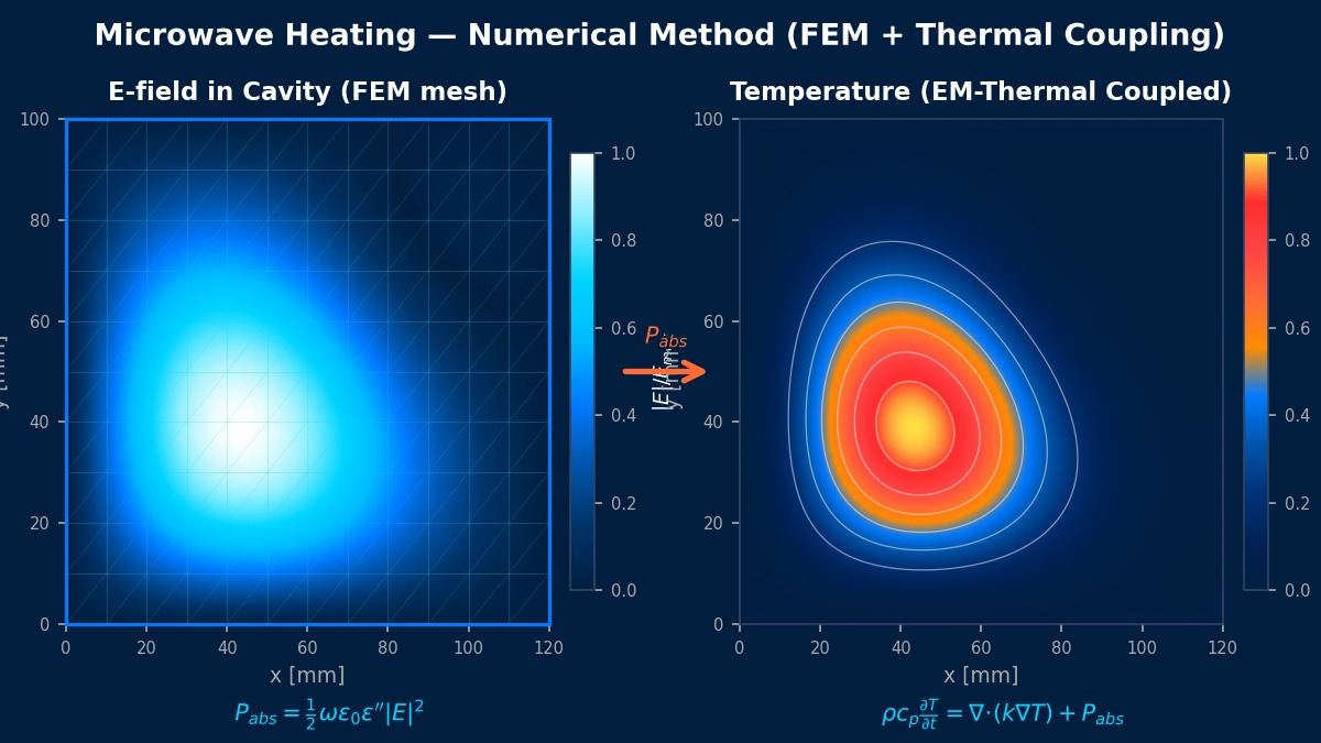微波加热有限元仿真：矩形腔体内电场驻波分布与耦合热温度分布