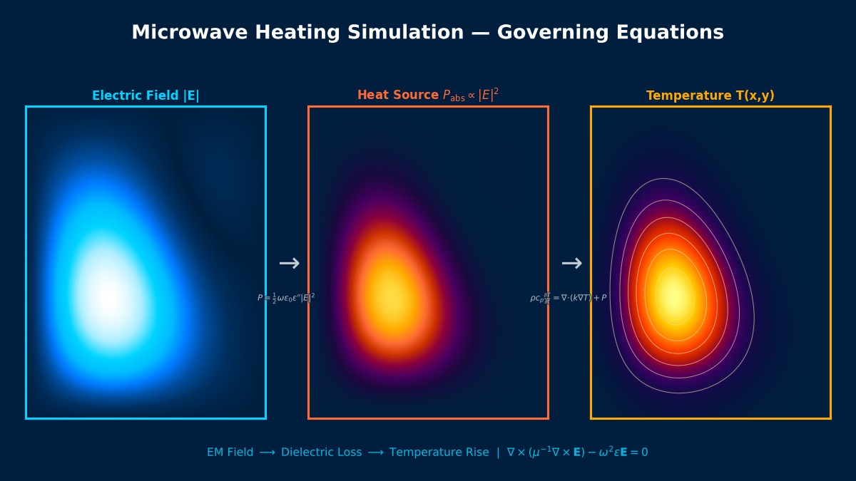 微波加热仿真控制方程：矩形腔体内电场驻波模式、介电损耗功率吸收及温度分布