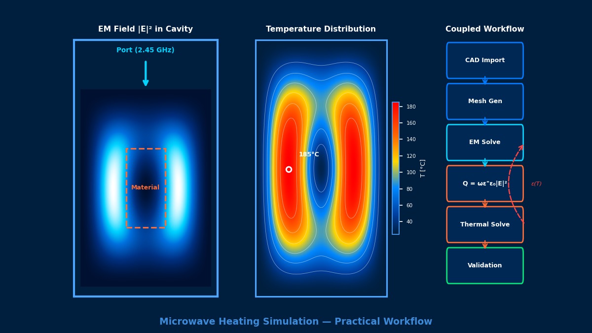 Microwave heating simulation showing EM field distribution in cavity, temperature contour of heated material, and coupled analysis workflow