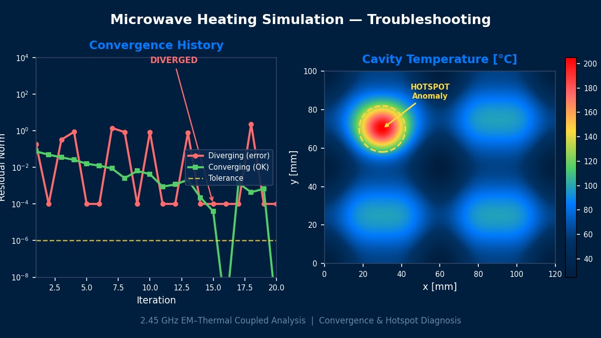 Microwave heating simulation troubleshooting — convergence residual divergence and 2.45 GHz cavity temperature hotspot anomaly diagnosis