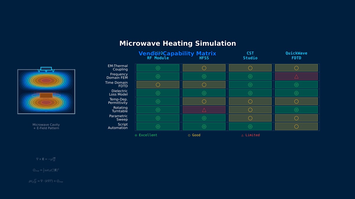 微波加热仿真供应商能力矩阵：COMSOL RF、Ansys HFSS、CST Studio、QuickWave FDTD对比