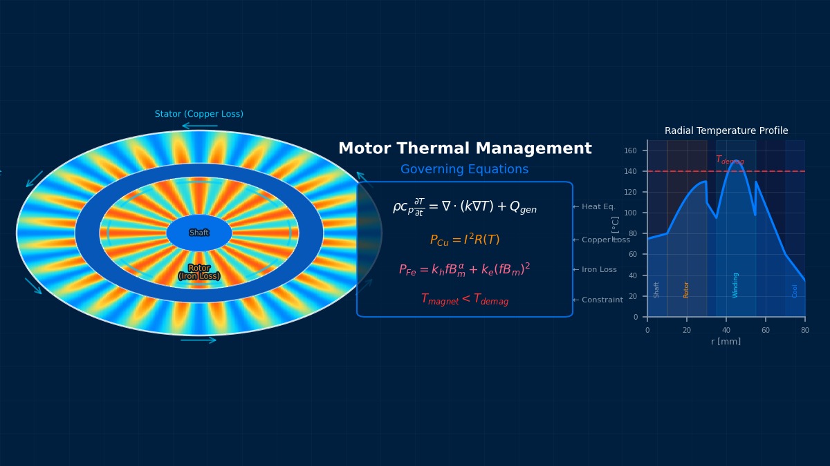 Motor cross-section temperature contour with copper loss and iron loss equations and radial temperature profile for motor thermal management