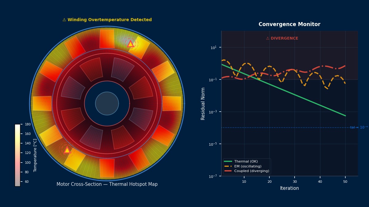 Motor cross-section thermal hotspot map with convergence residual monitor for electromagnetic-thermal coupled troubleshooting