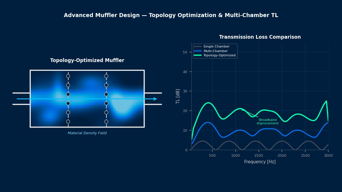 Advanced muffler design topology optimization with multi-chamber transmission loss comparison