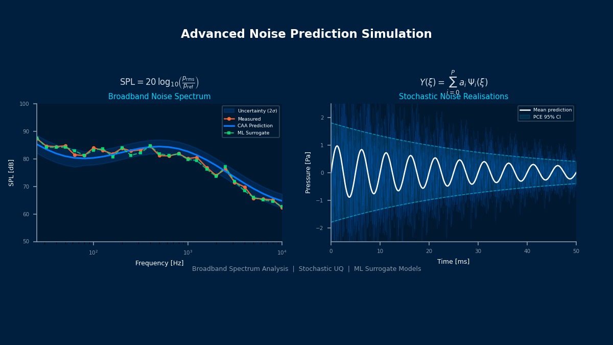 Advanced noise prediction simulation showing broadband noise spectrum, stochastic realisations with PCE uncertainty bounds, and ML surrogate model comparison
