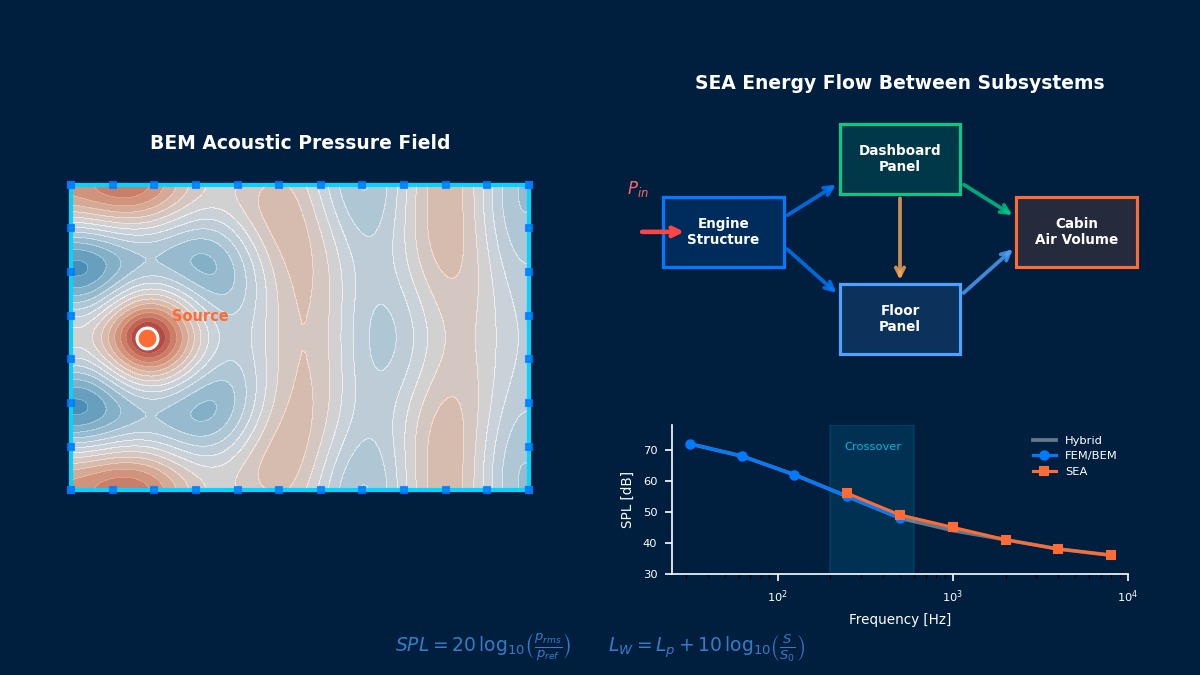 噪声预测仿真方法：BEM声场分析、SEA能量流图和SPL频谱对比FEM/BEM与SEA方法