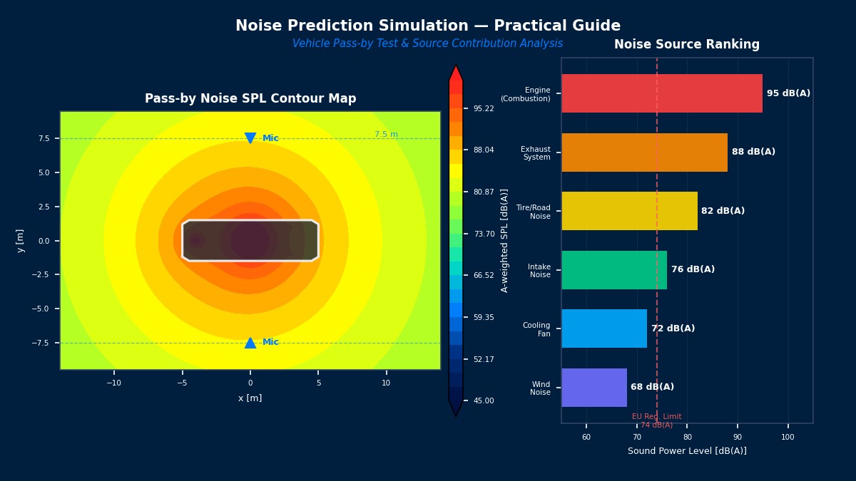 A-weighted SPL contour map for vehicle pass-by noise test with noise source ranking chart showing engine, exhaust, tire contributions