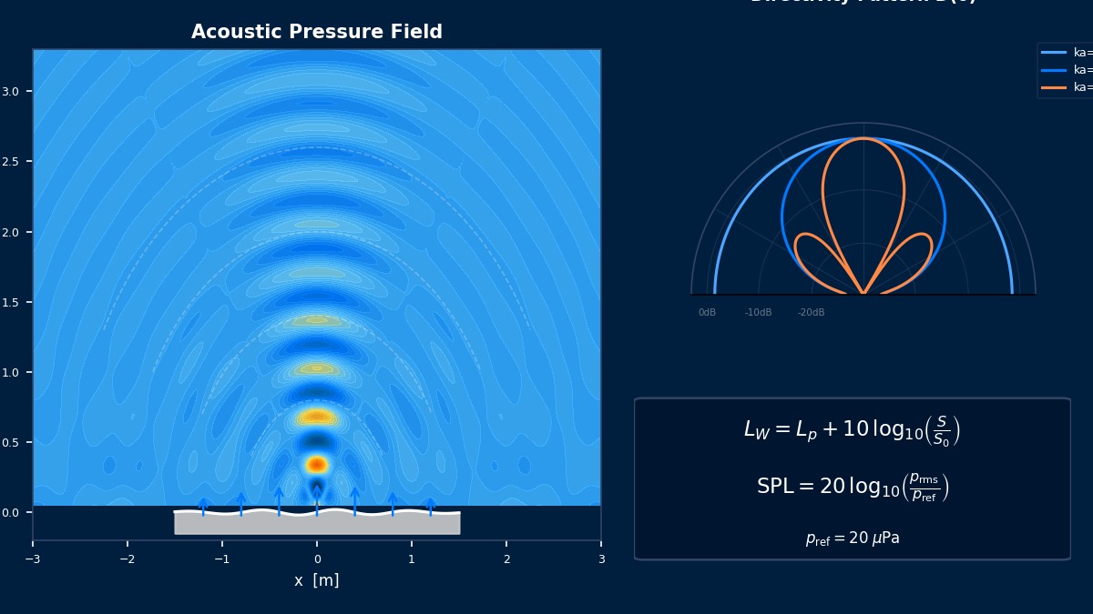 振动表面声辐射压力场、指向性图案和SPL方程的噪声预测仿真概念图