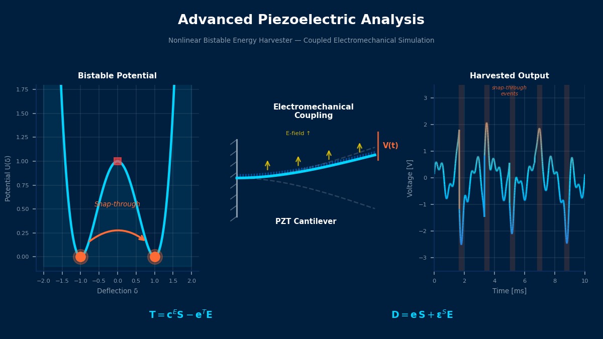 Advanced piezoelectric analysis: bistable energy harvester potential landscape, PZT cantilever electromechanical coupling, and harvested voltage waveform with snap-through events