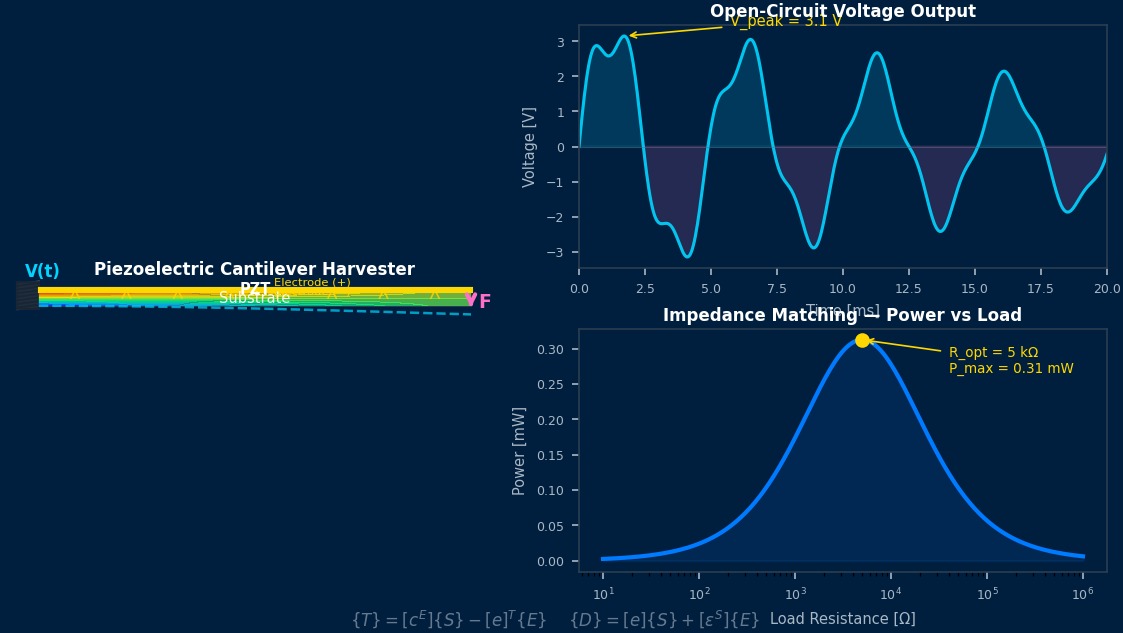 Piezoelectric cantilever energy harvester FEA visualization showing bending stress contour, open-circuit voltage output, and impedance matching power optimization