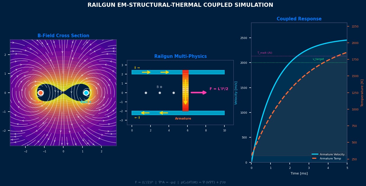 Railgun EM-structural-thermal coupled simulation showing B-field cross section, Lorentz force on armature, and velocity-temperature response curves