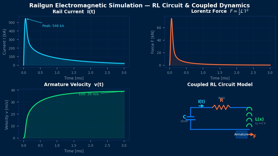 Railgun electromagnetic simulation: RL circuit current waveform, Lorentz force, armature velocity, and coupled circuit schematic