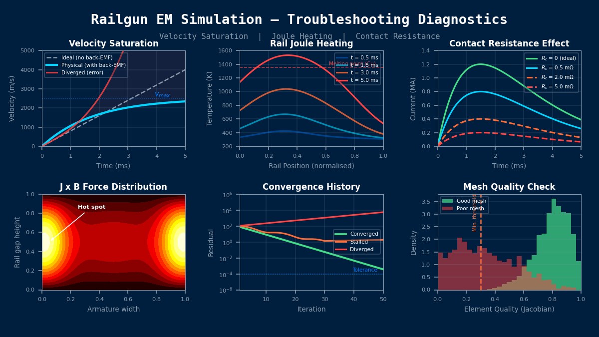 Railgun EM simulation troubleshooting: velocity saturation curve, rail Joule heating profile, contact resistance effect on current, Lorentz force distribution, convergence residual history, and mesh quality histogram