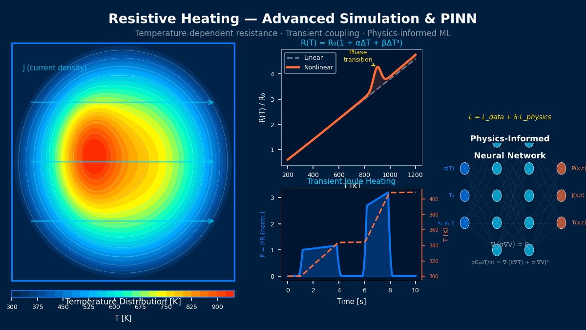 电阻加热先进仿真：温度依赖电阻R(T)曲线、导体截面温度分布及物理信息神经网络（PINN）架构