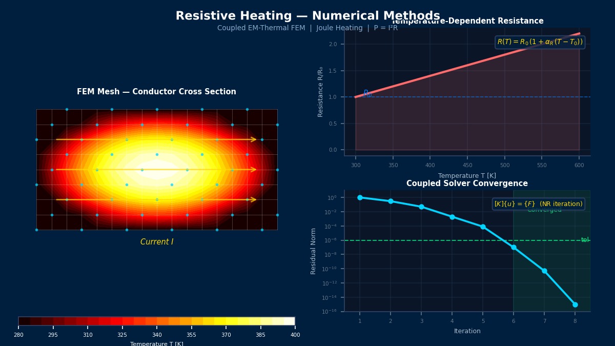 Resistive Joule heating FEM simulation showing conductor temperature contour, temperature-dependent resistance curve, and coupled Newton-Raphson solver convergence