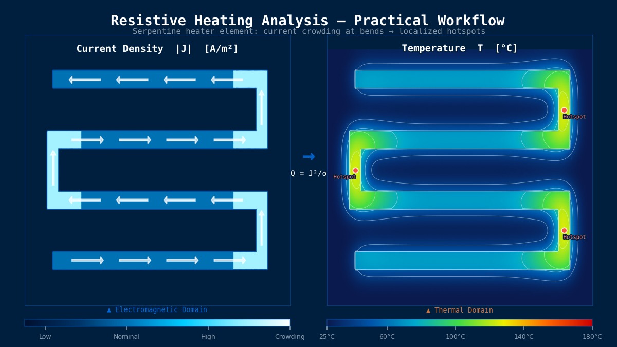 Resistive heating analysis practical workflow showing serpentine heater element current density distribution and temperature contour with hotspots at bends