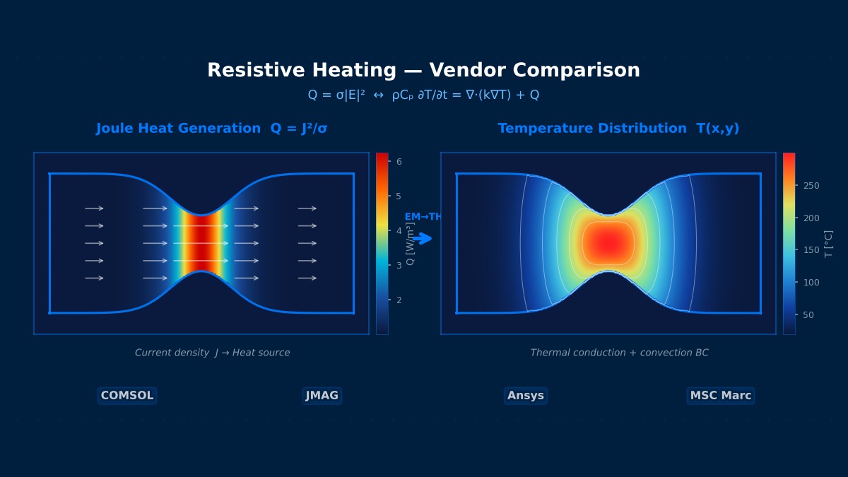 电阻焦耳加热仿真：窄截面导体中的电流密度与温度分布，用于商业软件对比