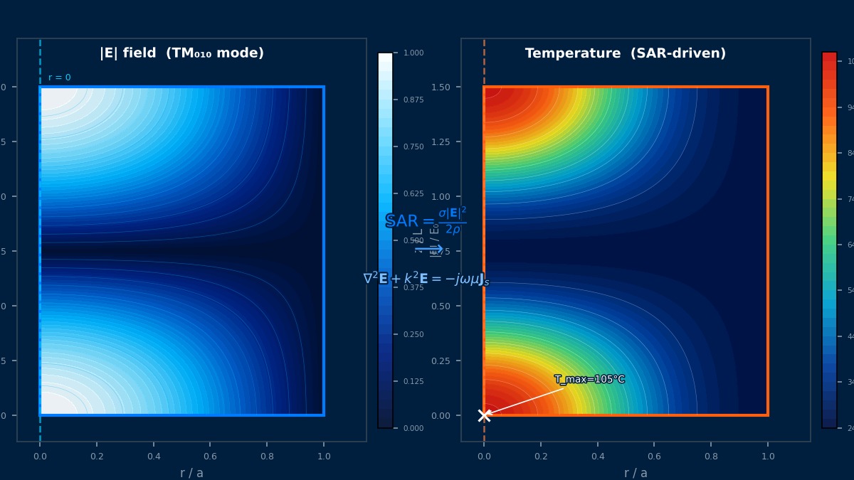 RF heating simulation showing TM010 E-field distribution and SAR-driven temperature field in cylindrical cavity