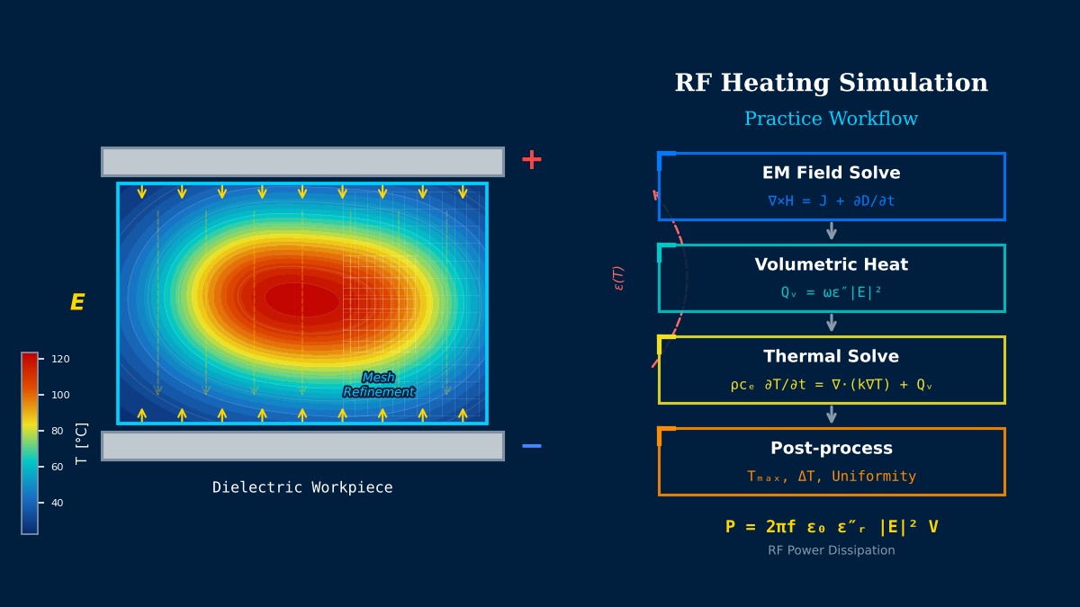 RF加热仿真展示平行板电极间的电场分布和介电工件中的温度等值线，电磁-热耦合分析工作流程