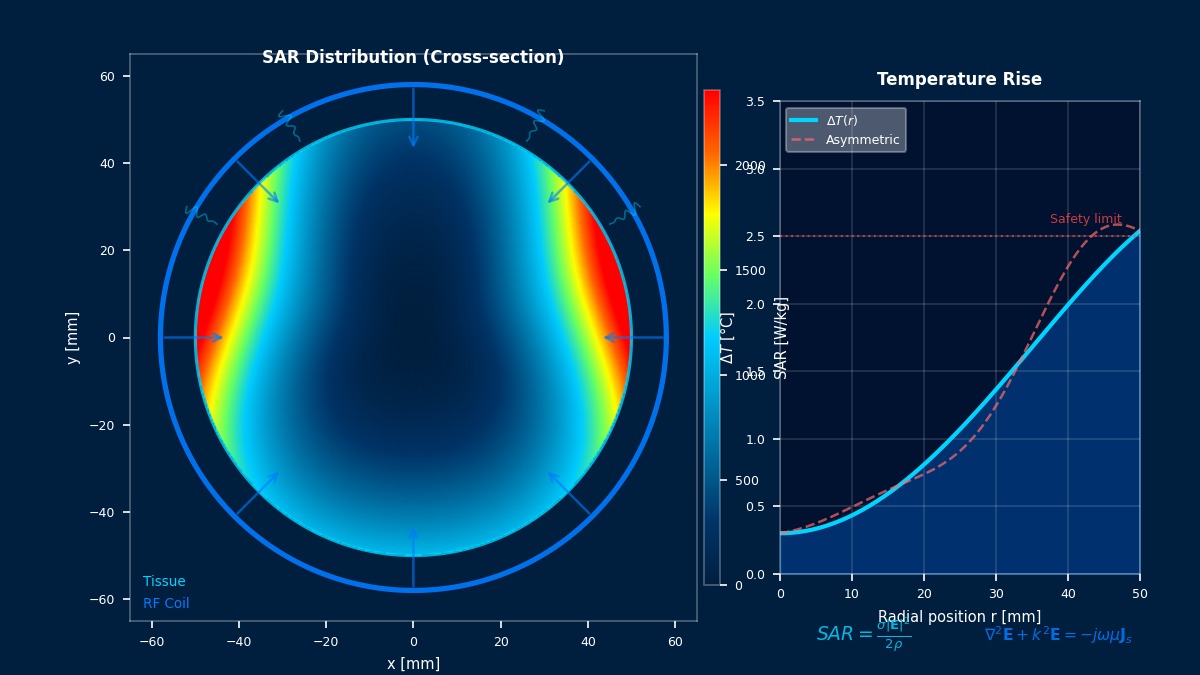 RF heating SAR distribution cross-section with temperature rise profile showing electromagnetic-thermal coupling