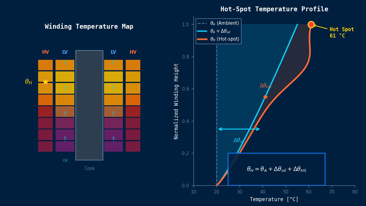 变压器绕组热点温度分析：热分布图及绕组高度方向温度曲线（油温升+绕组温度梯度）