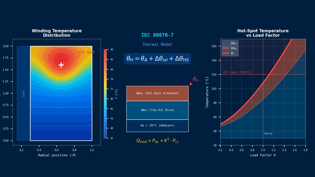 Transformer hot-spot temperature analysis: winding thermal contour with IEC 60076-7 model and temperature vs load factor curve