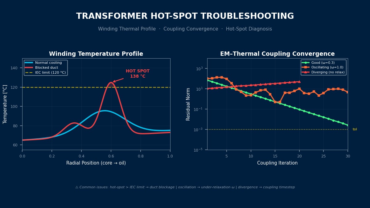 变压器热点故障排除：绕组径向温度分布超过IEC 120°C限值及电磁-热耦合收敛行为比较