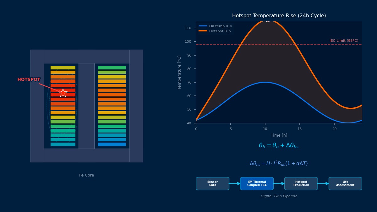 Transformer hotspot electromagnetic-thermal coupled analysis with winding temperature contour and 24h hotspot rise curve