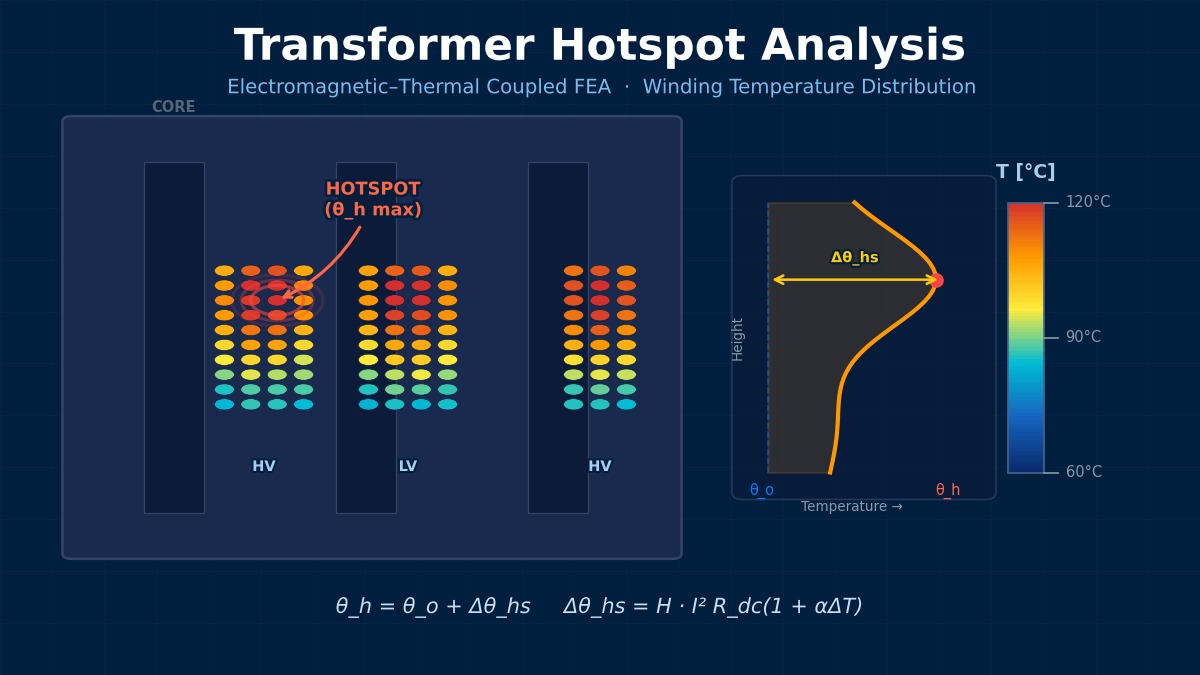 Transformer hotspot analysis showing winding cross-section temperature distribution with electromagnetic-thermal coupled FEA simulation