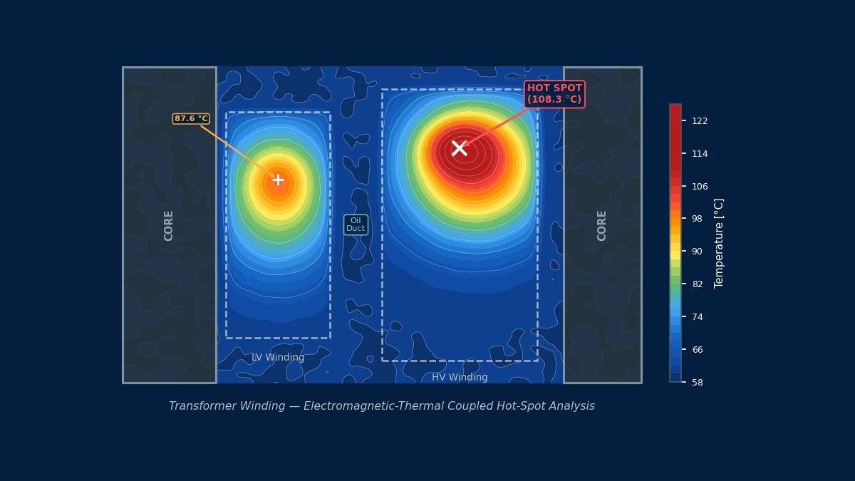 Transformer winding cross-section temperature contour showing electromagnetic-thermal coupled hot-spot analysis with LV and HV windings