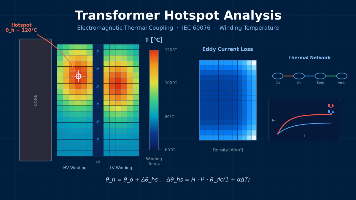 Transformer hotspot analysis with winding temperature contour, eddy current loss density, and IEC 60076 thermal network diagram