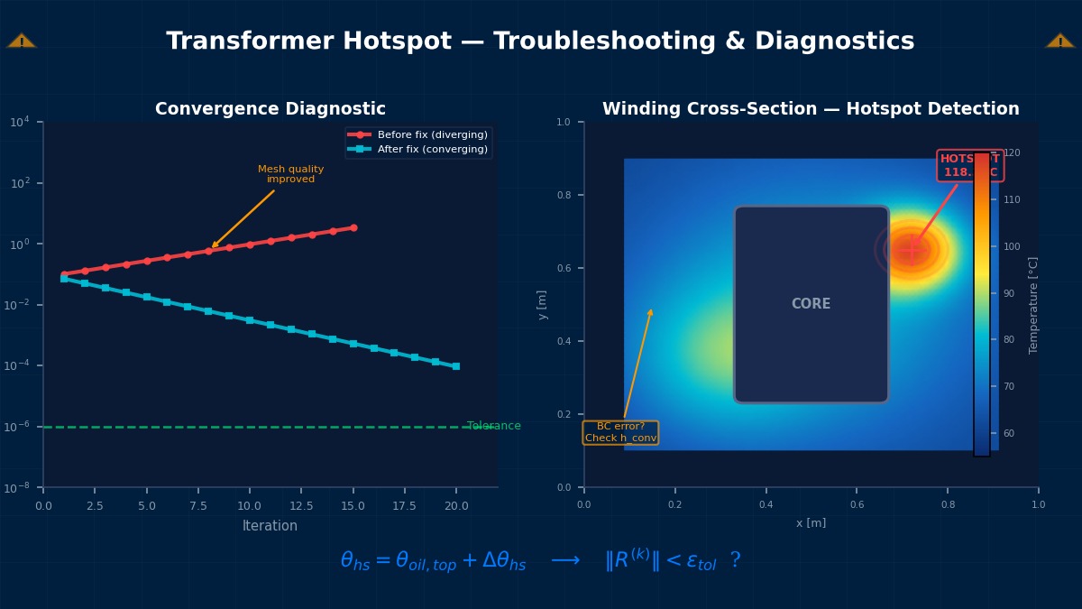 Transformer hotspot troubleshooting: convergence residual diagnostics and winding cross-section thermal contour with hotspot detection