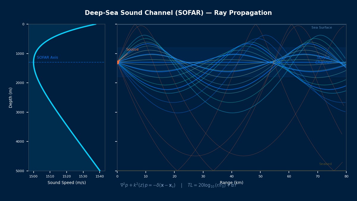 Deep-sea SOFAR channel ray propagation with Munk sound speed profile showing acoustic waveguide trapping in underwater acoustics