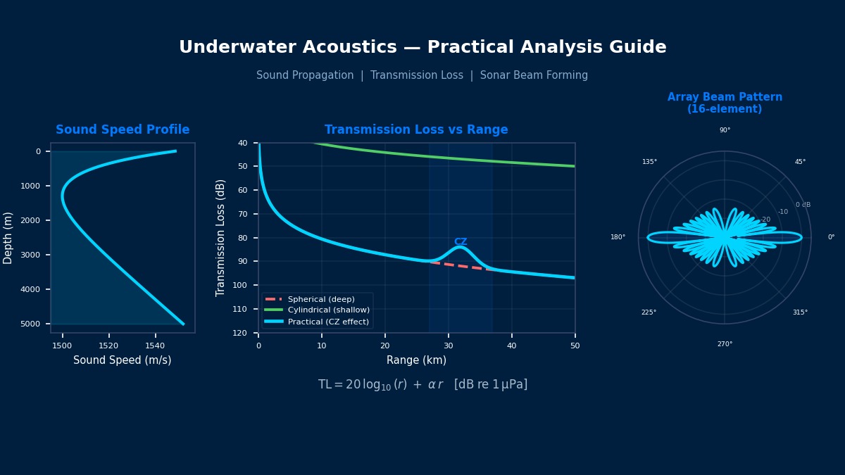 Underwater acoustics transmission loss vs range with Munk sound speed profile and 16-element sonar array beam pattern
