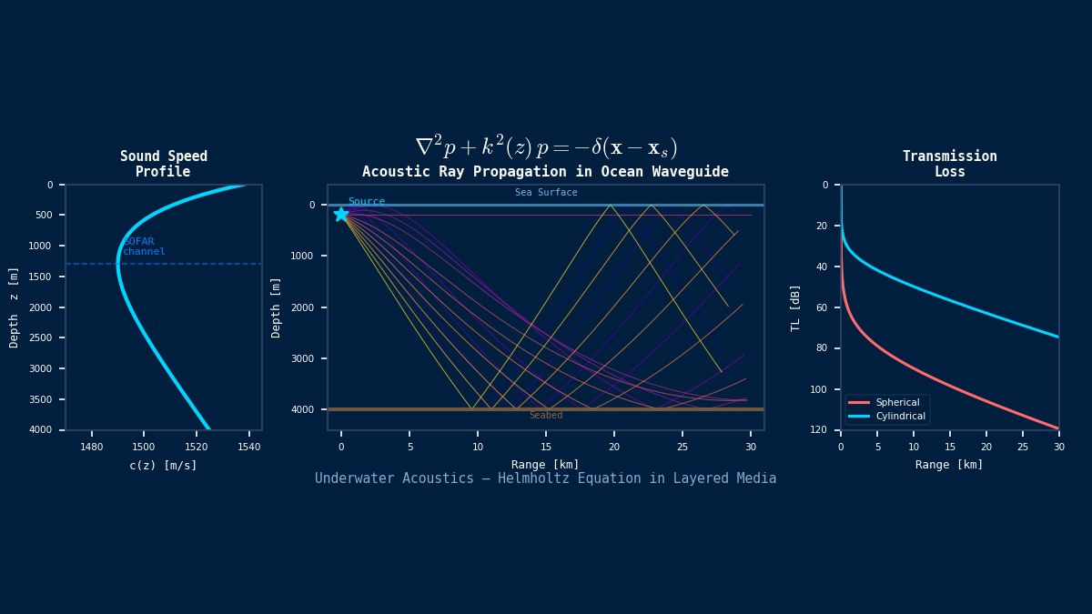Underwater acoustics simulation showing Munk sound speed profile, acoustic ray propagation in ocean waveguide with SOFAR channel refraction, and transmission loss curves for spherical and cylindrical spreading