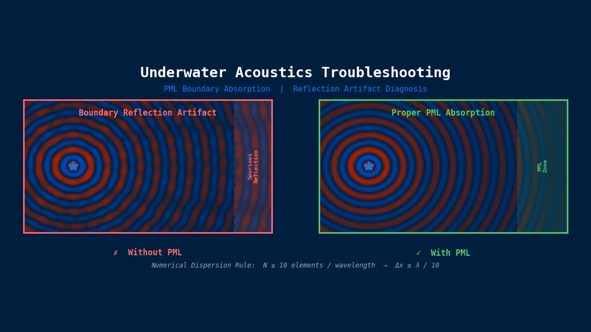 Underwater acoustics PML boundary absorption comparison showing spurious reflection artifacts versus proper perfectly matched layer damping