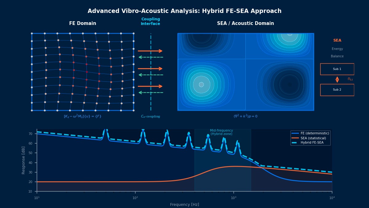 Hybrid FE-SEA vibro-acoustic analysis showing structural FE mesh with mode shapes, coupling interface with energy flow, acoustic cavity pressure field, and frequency response crossover between deterministic and statistical methods