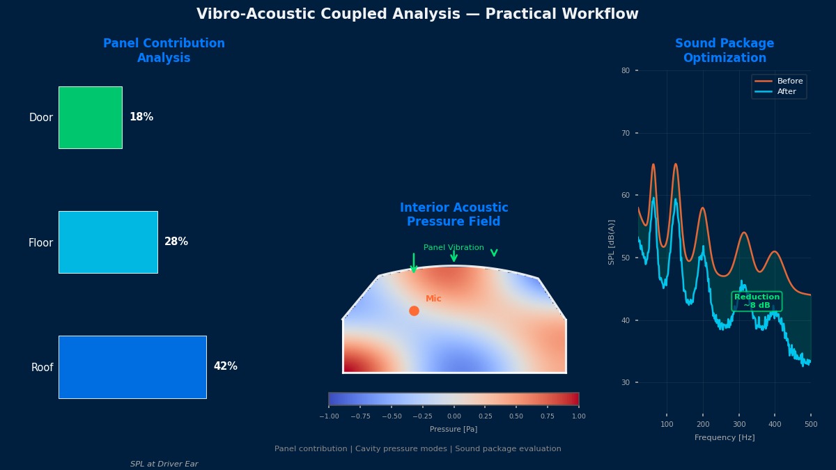 振动声学耦合分析：面板贡献分析、车内声压场分布、隔音方案频率响应优化对比