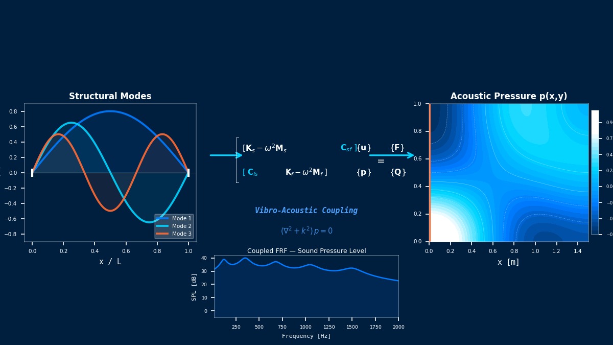 Vibro-acoustic coupled analysis showing structural mode shapes, acoustic pressure field in cavity, and coupled frequency response function